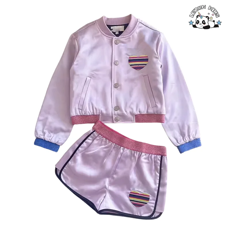 LEZONKIDS - Customized New Spring Autumn Satin Fabric Set Colorful Striped Embroidered Jacket Shorts Girls Suit